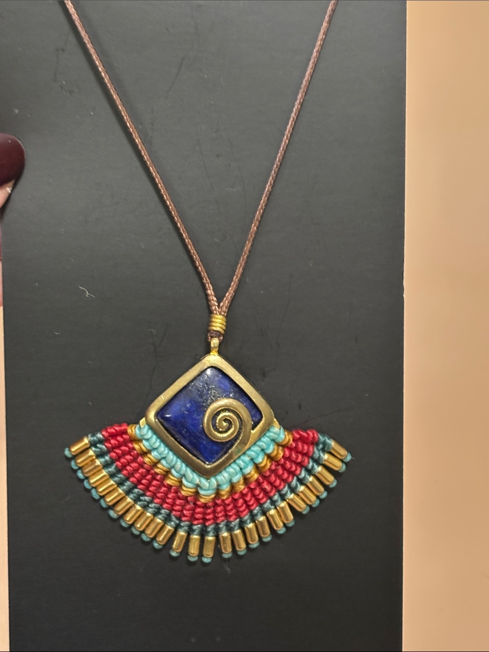Bohemian Lapis & Multicolor Fan Pendant Necklace